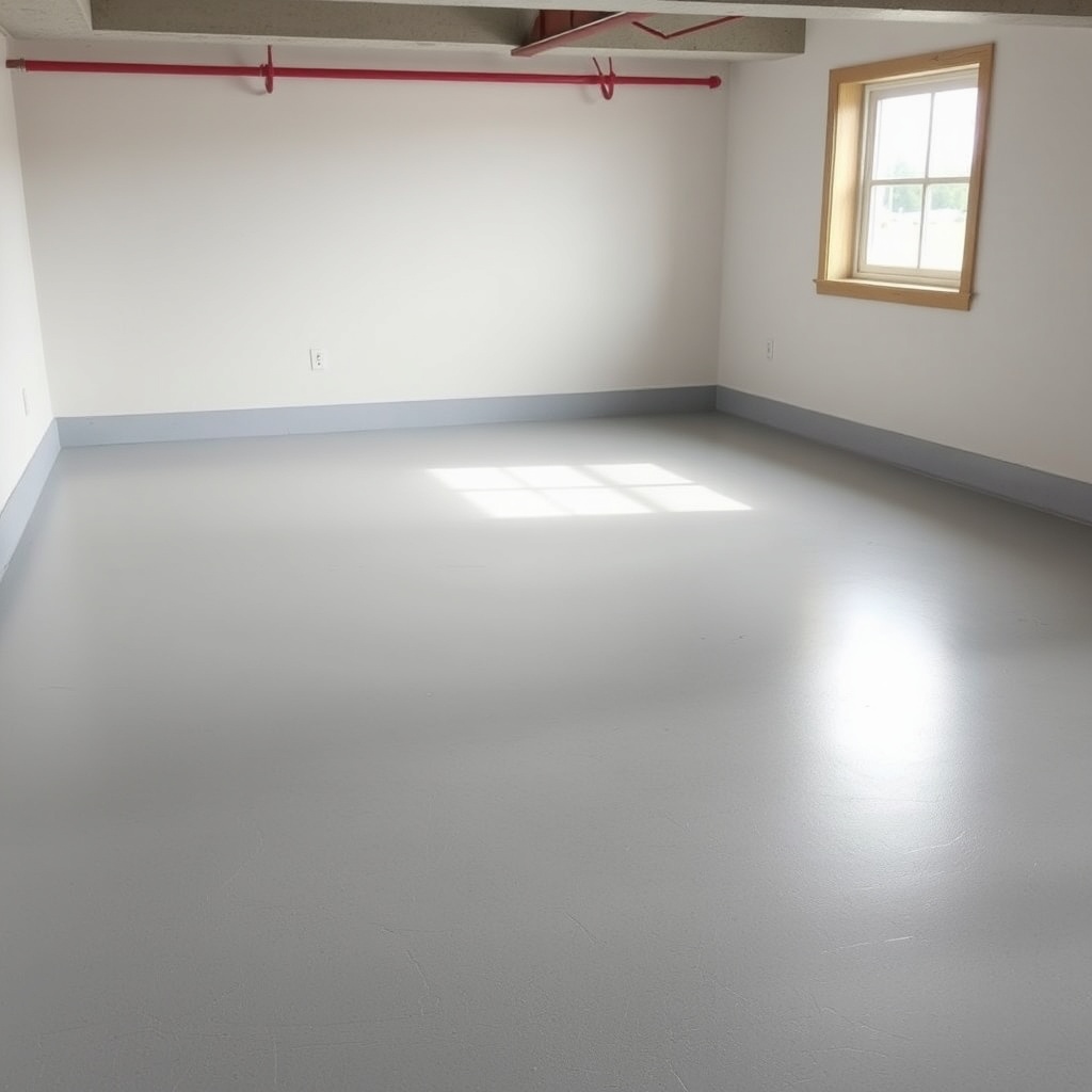 <clean photorealistic photo illustration of a basement floor with epoxy coating