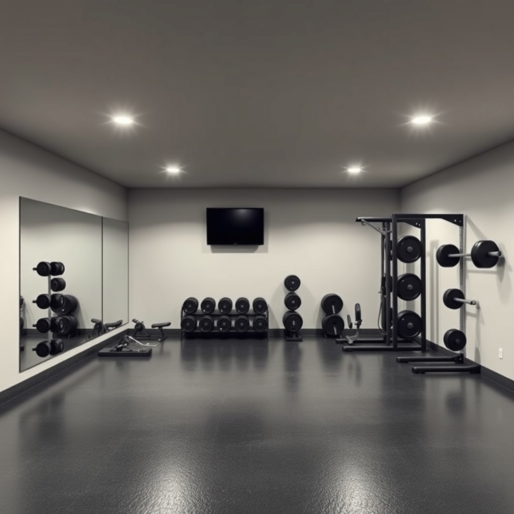 <clean photorealistic photo illustration of a finished basement gym with epoxy floor