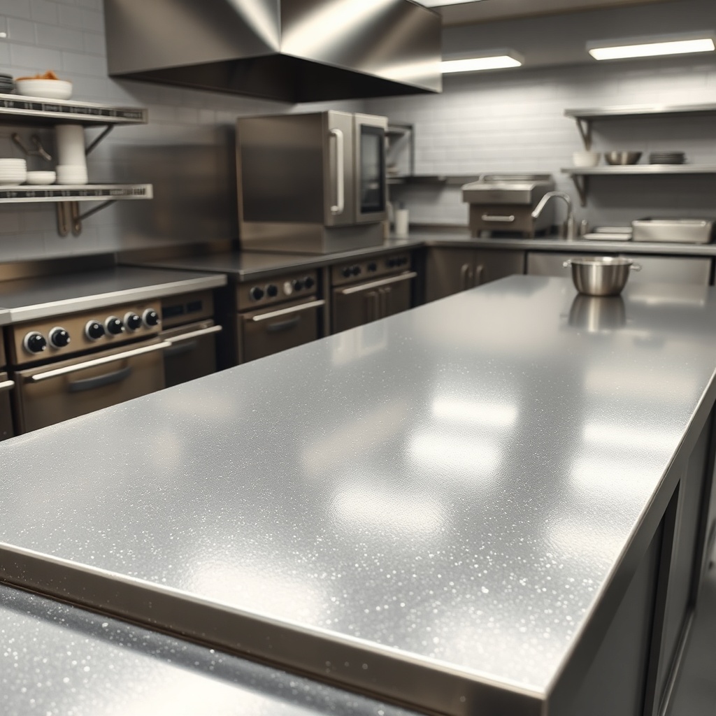 <clean photorealistic photo of an industrial kitchen countertop coated with Armstrong Epok