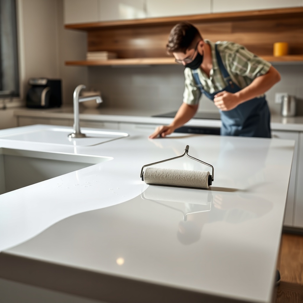 <clean photorealistic photo of a worker applying Armstrong Epoksi on a kitchen countertop