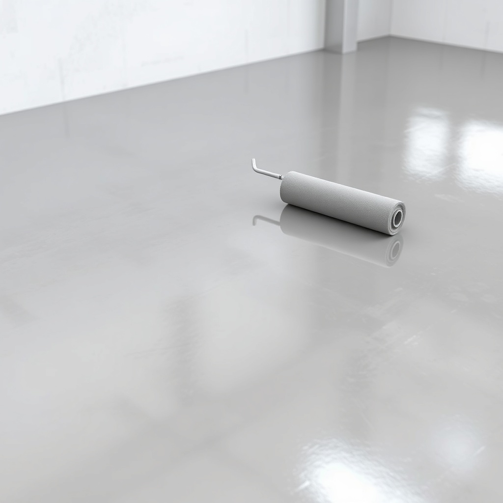 A close-up photorealistic shot of a gray metallic industrial floor with a glossy epoxy coa