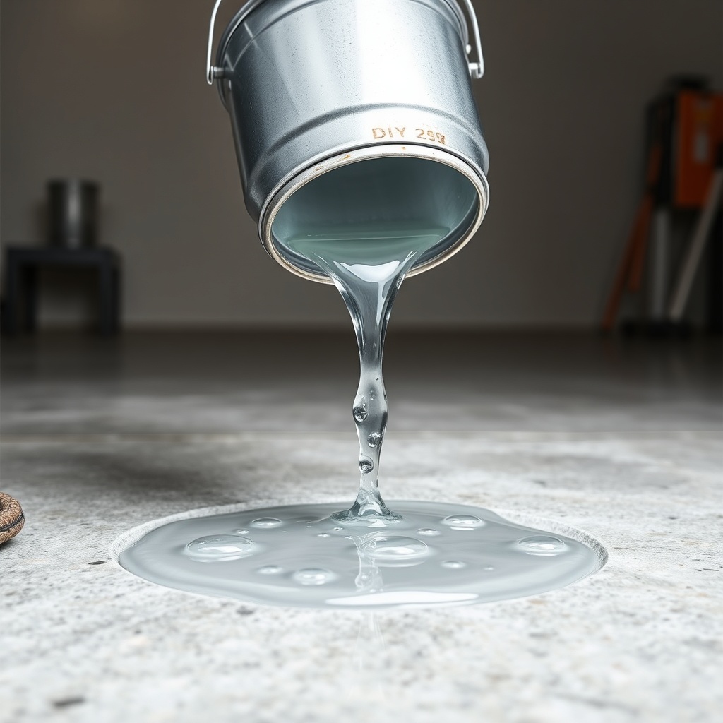 A photorealistic image of a DIY user pouring epoxy resin from a metal bucket onto a clean