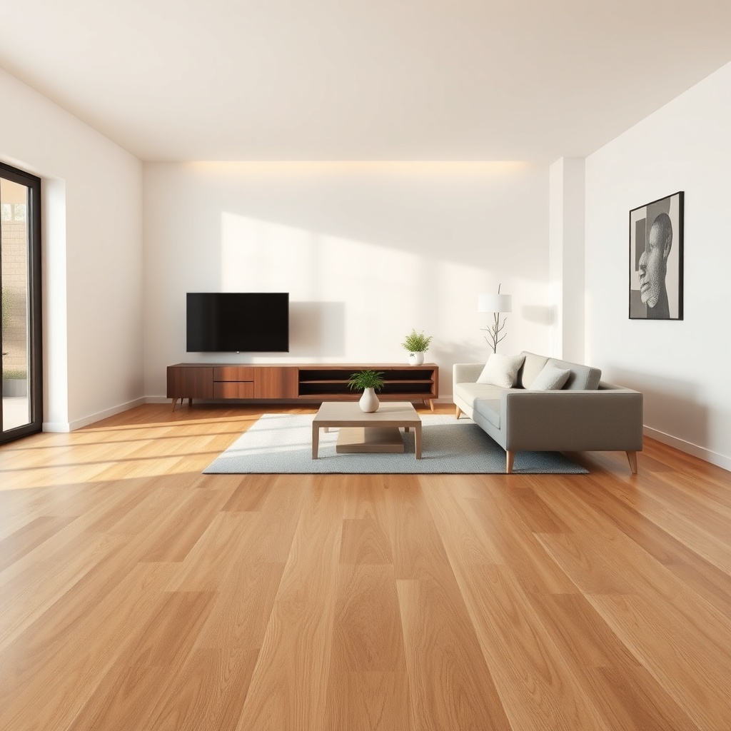 <clean photorealistic photo of a modern living room with an epoxy floor mimicking oak wood