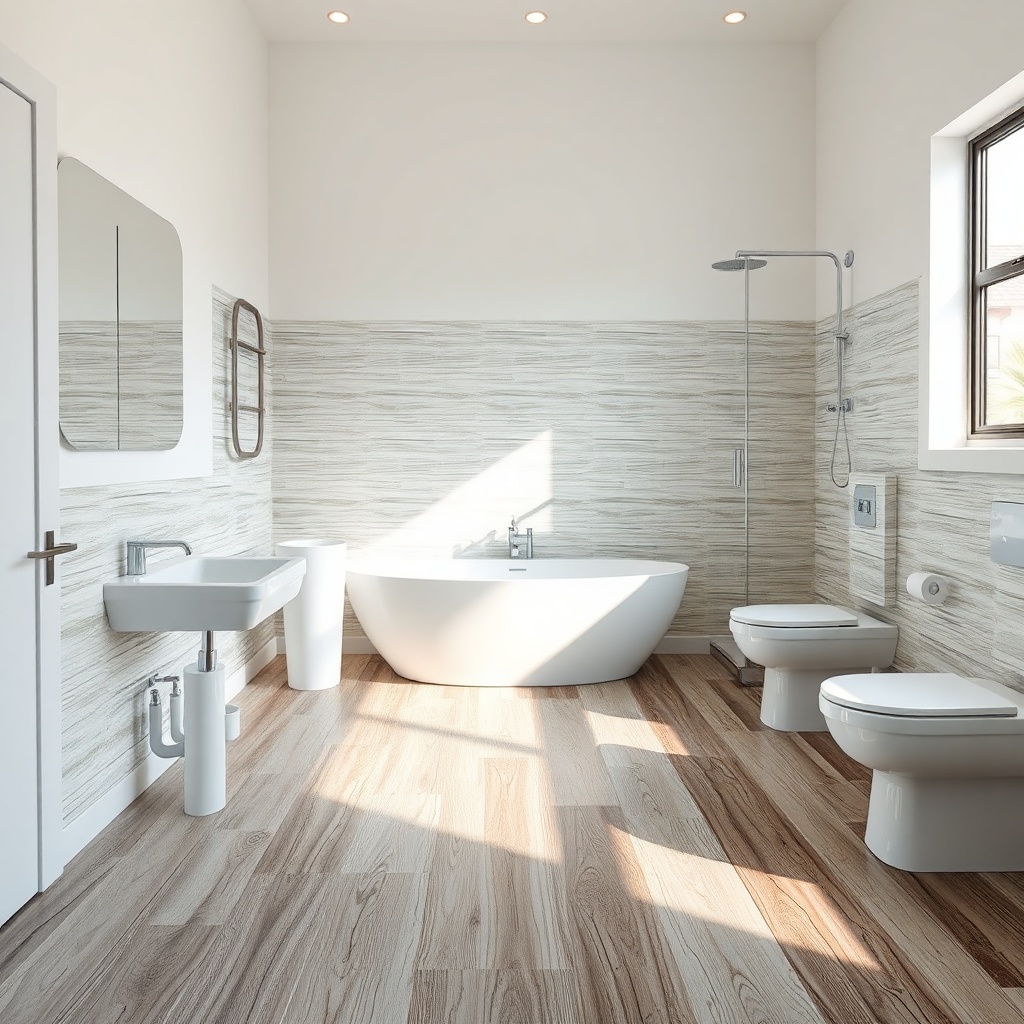 <clean photorealistic photo of a bathroom with an epoxy floor mimicking weathered driftwoo