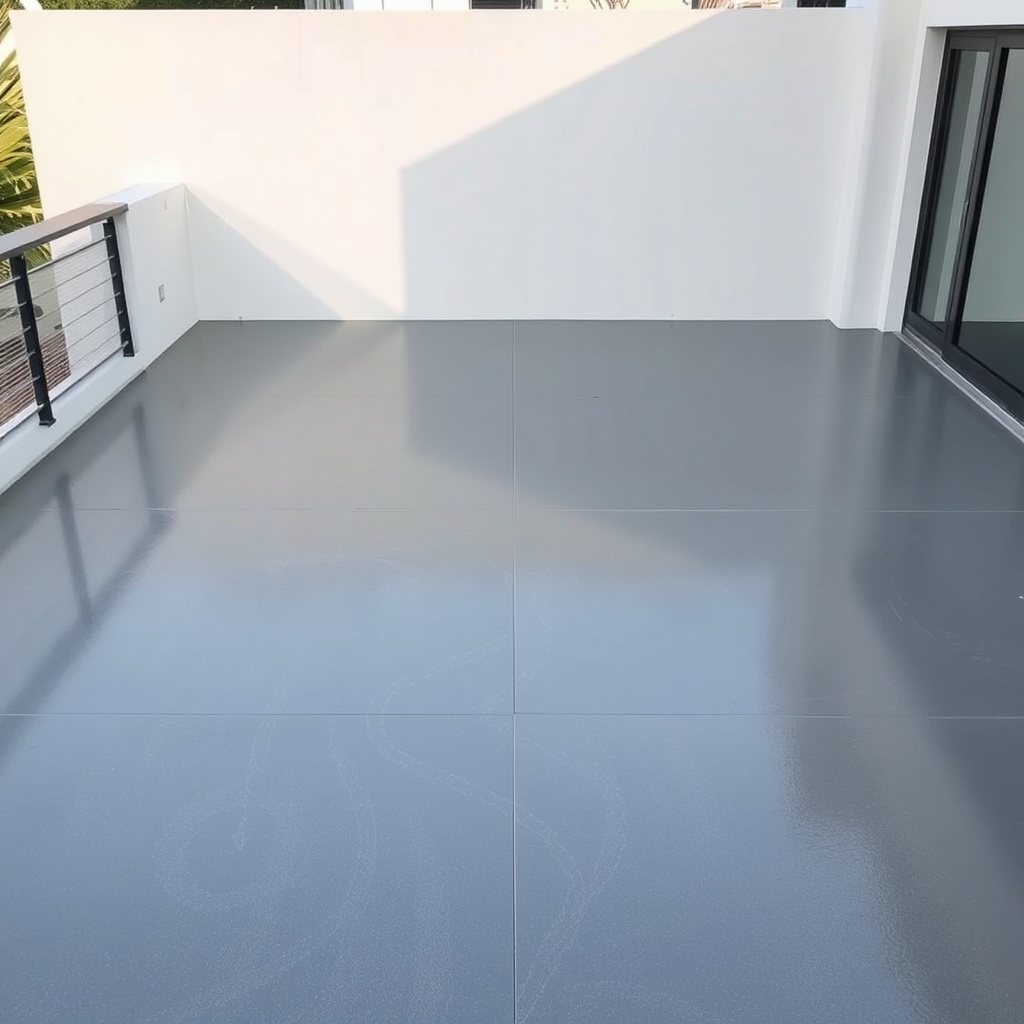 <clean photorealistic photo of an outdoor epoxy application on a large terrace with gray e
