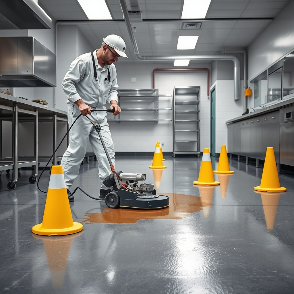 <clean photorealistic photo of an industrial kitchen floor being prepared for epoxy; a wor