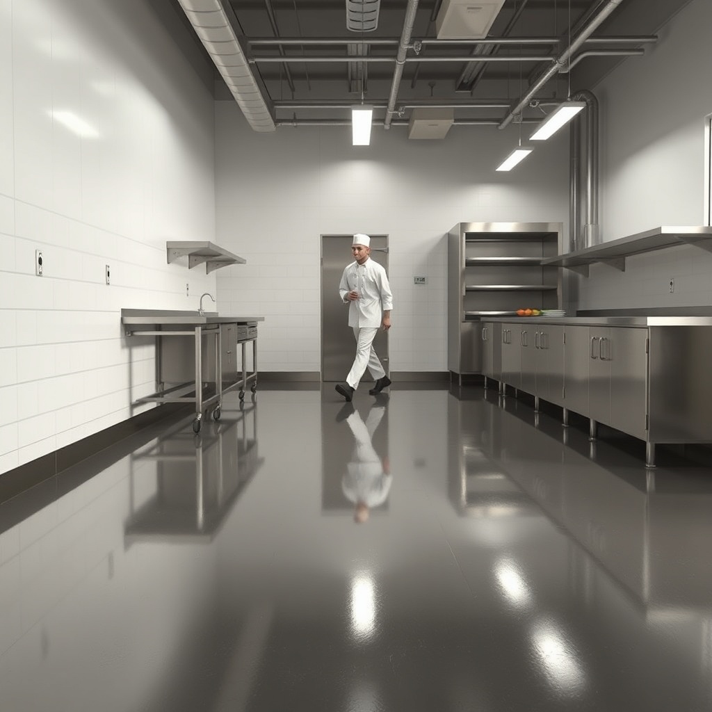 <clean photorealistic photo of a clean industrial kitchen floor with epoxy; a chef in whit