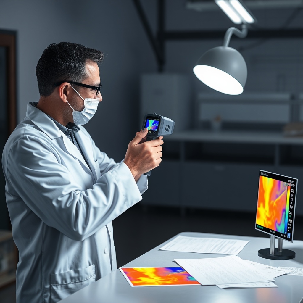 Clean photorealistic photo of a scientist in a lab coat using a thermal imaging camera to