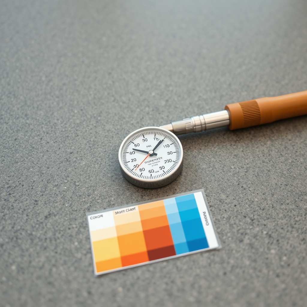 Clean photorealistic photo of a close-up of an epoxy floor surface with a Shore durometer