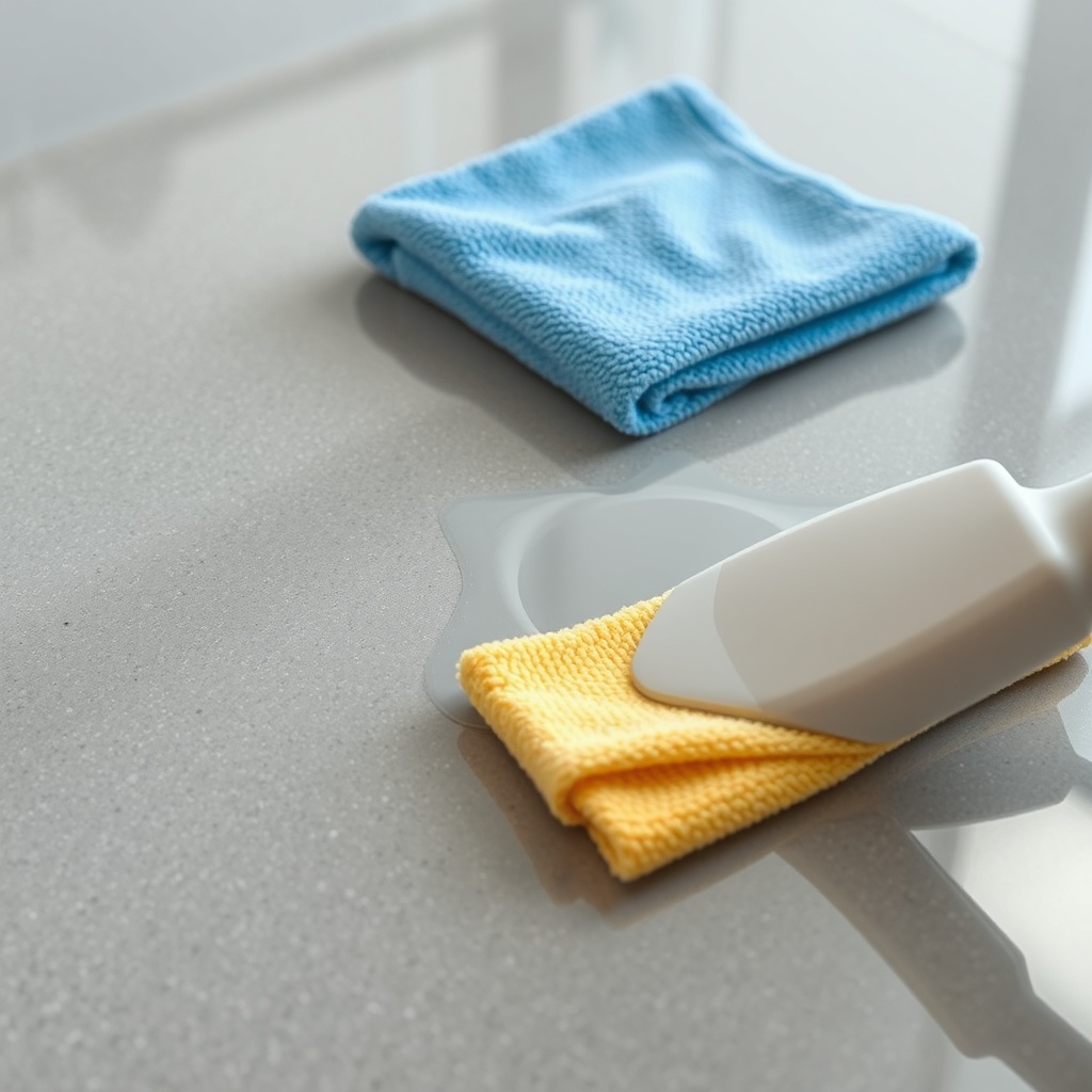 <clean photorealistic photo of a close-up of an epoxy floor being polished with a microfib