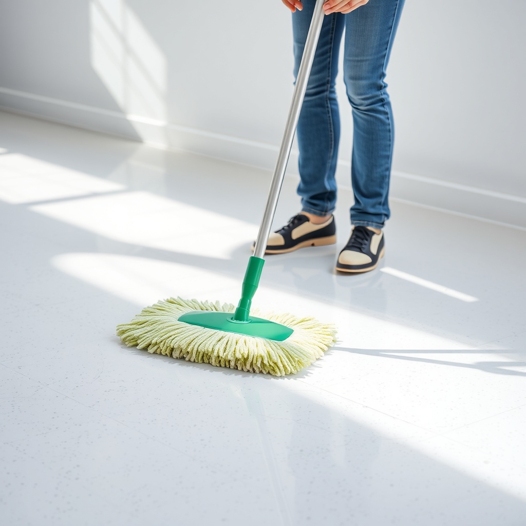 <clean photorealistic photo of a person using a microfiber mop on a shiny epoxy floor