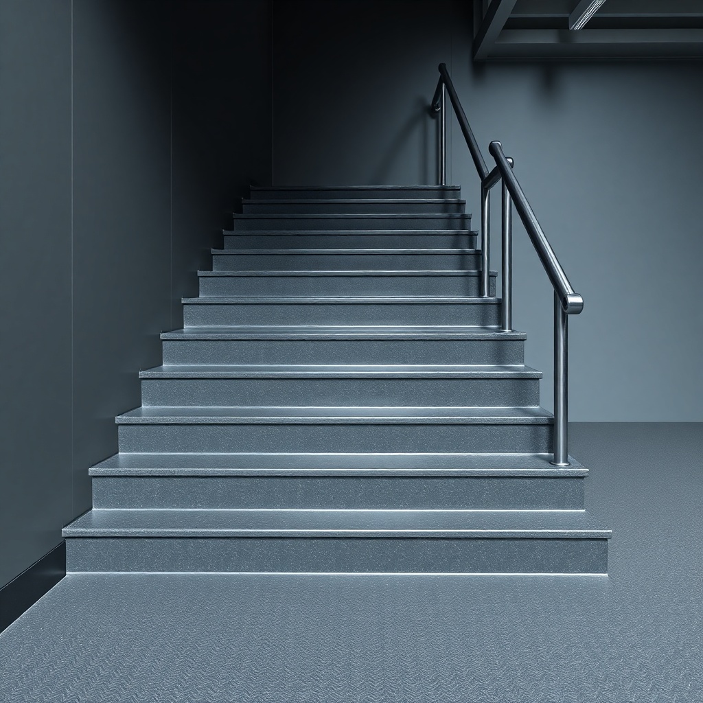 <clean photorealistic photo of an industrial staircase with epoxy coating in dark grey