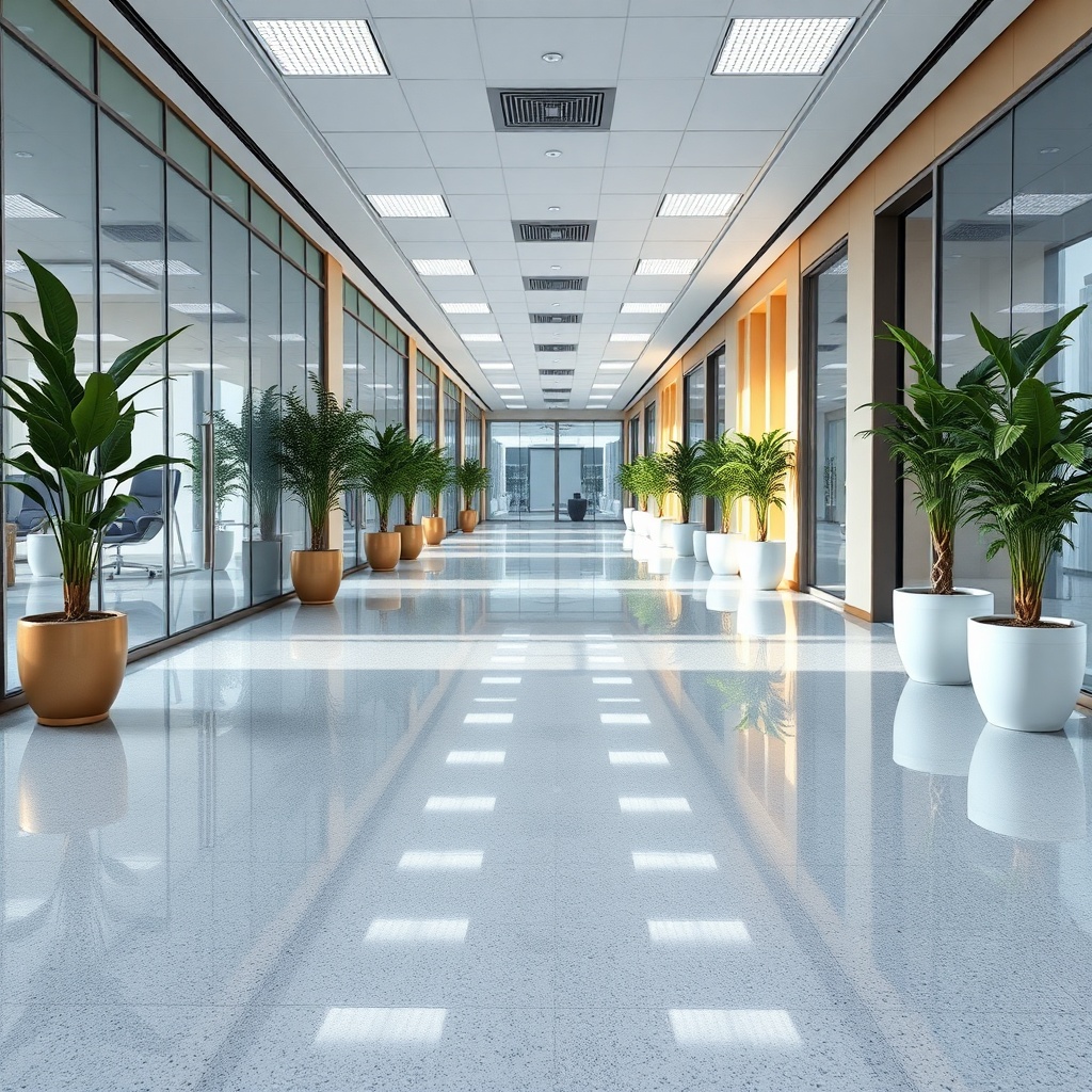 A photorealistic image of an office corridor with glossy epoxy flooring