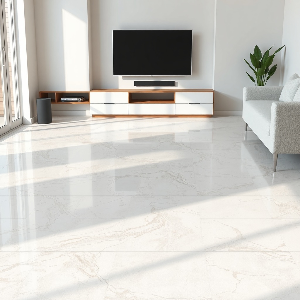 <clean photorealistic photo of a modern living room floor with ceramic-look epoxy coating