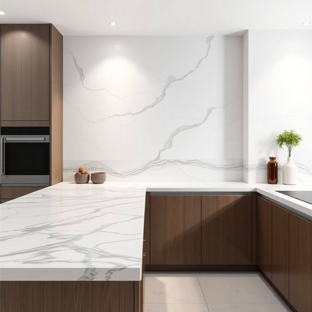 <clean photorealistic photo of a kitchen countertop and backsplash with ceramic-look epoxy