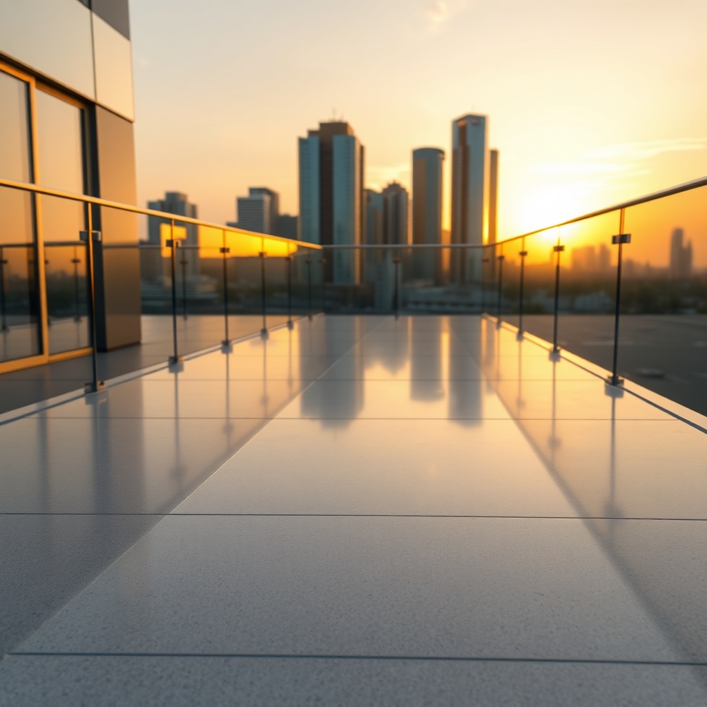 A photorealistic photo of a modern terrace with a glossy