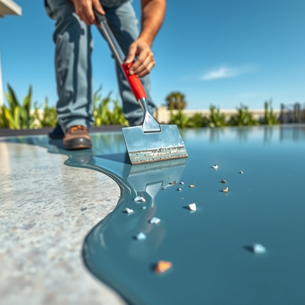 A photorealistic photo of a worker applying a layer of liquid epoxy on a concrete terrace