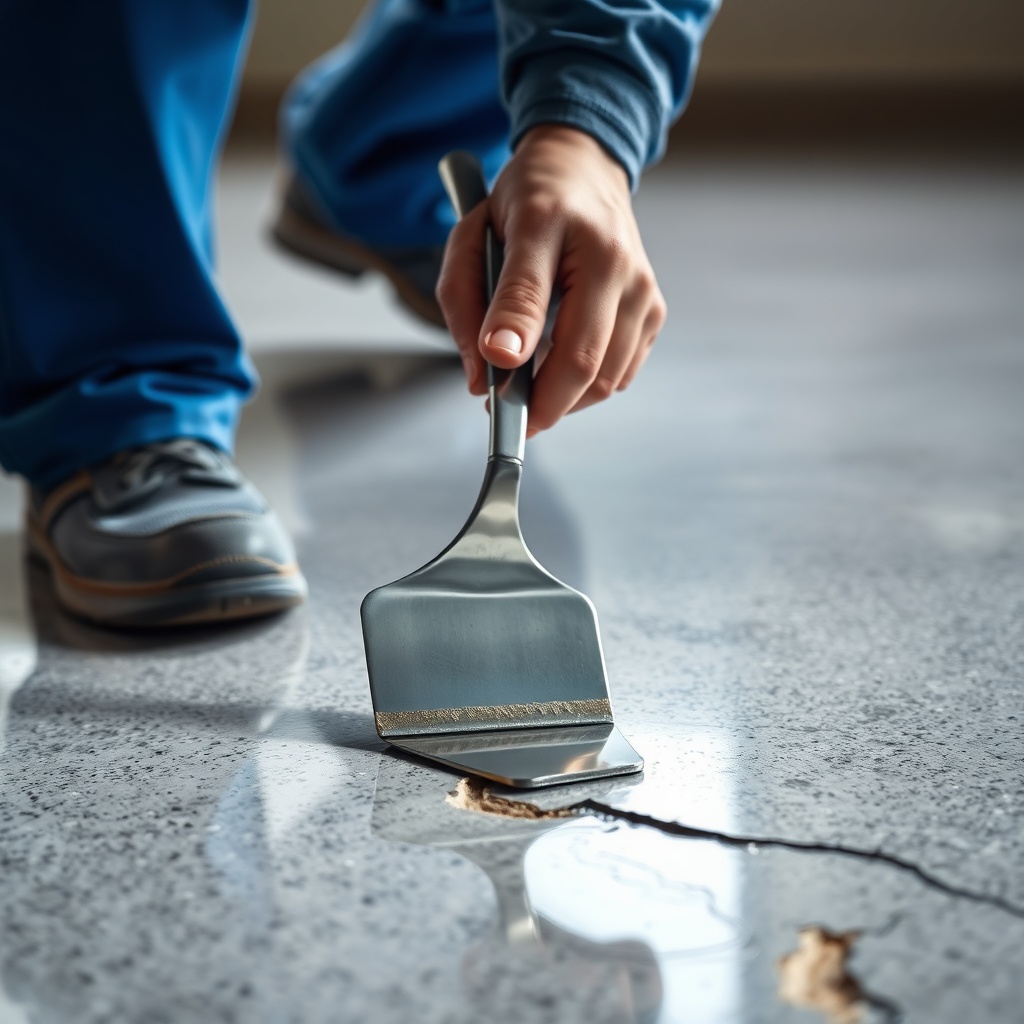 <A photorealistic close-up of an epoxy floor crack repair process