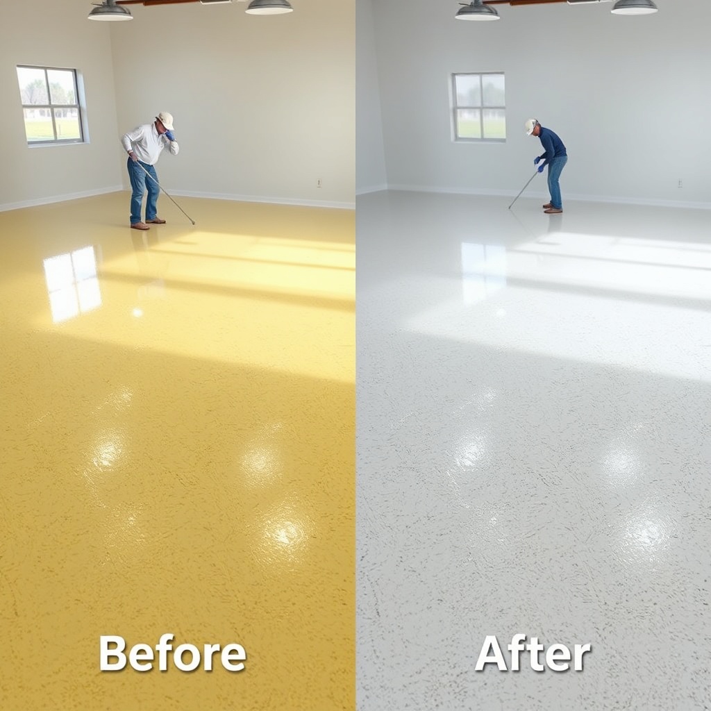 <A photorealistic before-and-after scene of an epoxy floor with yellowing