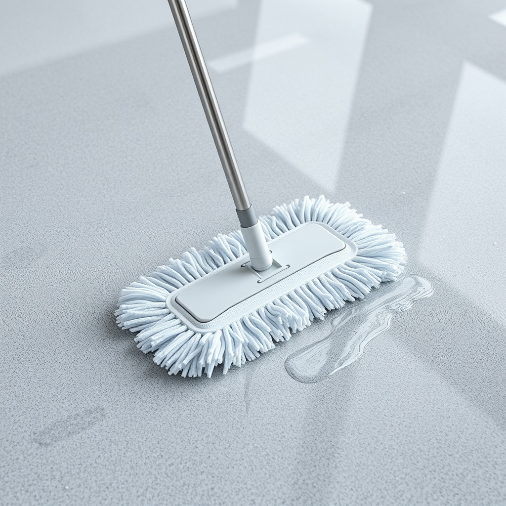 A close-up photorealistic photo of a clean epoxy floor with a microfiber mop gliding over