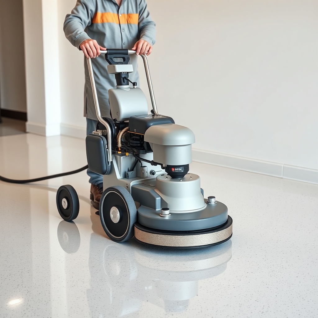 A photorealistic illustration of a floor polishing machine with diamond disks on a glossy