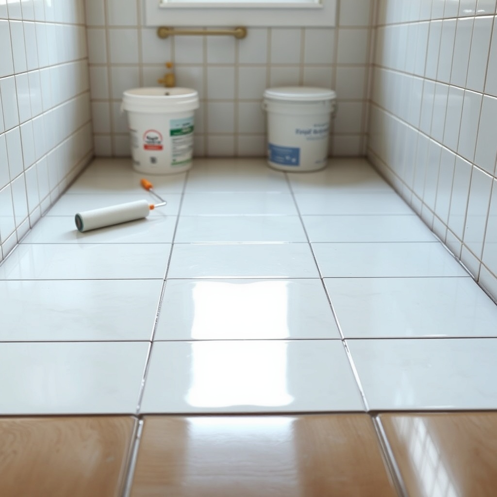 <clean photorealistic photo of a bathroom floor partially covered with a glossy