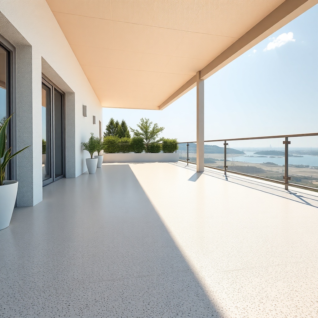 <clean photorealistic photo/illustration of an outdoor terrace with Sikafloor-156 epoksi a