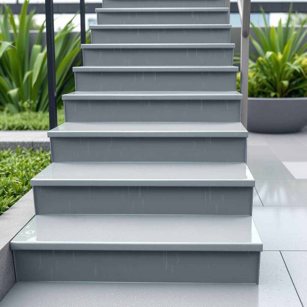 <clean photorealistic photo/illustration of a modern outdoor staircase coated with Sikaflo