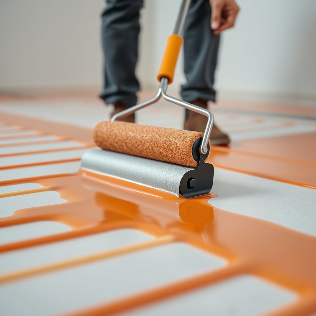 A photorealistic close-up photo of a technician applying Sikafloor-156 with a roller over