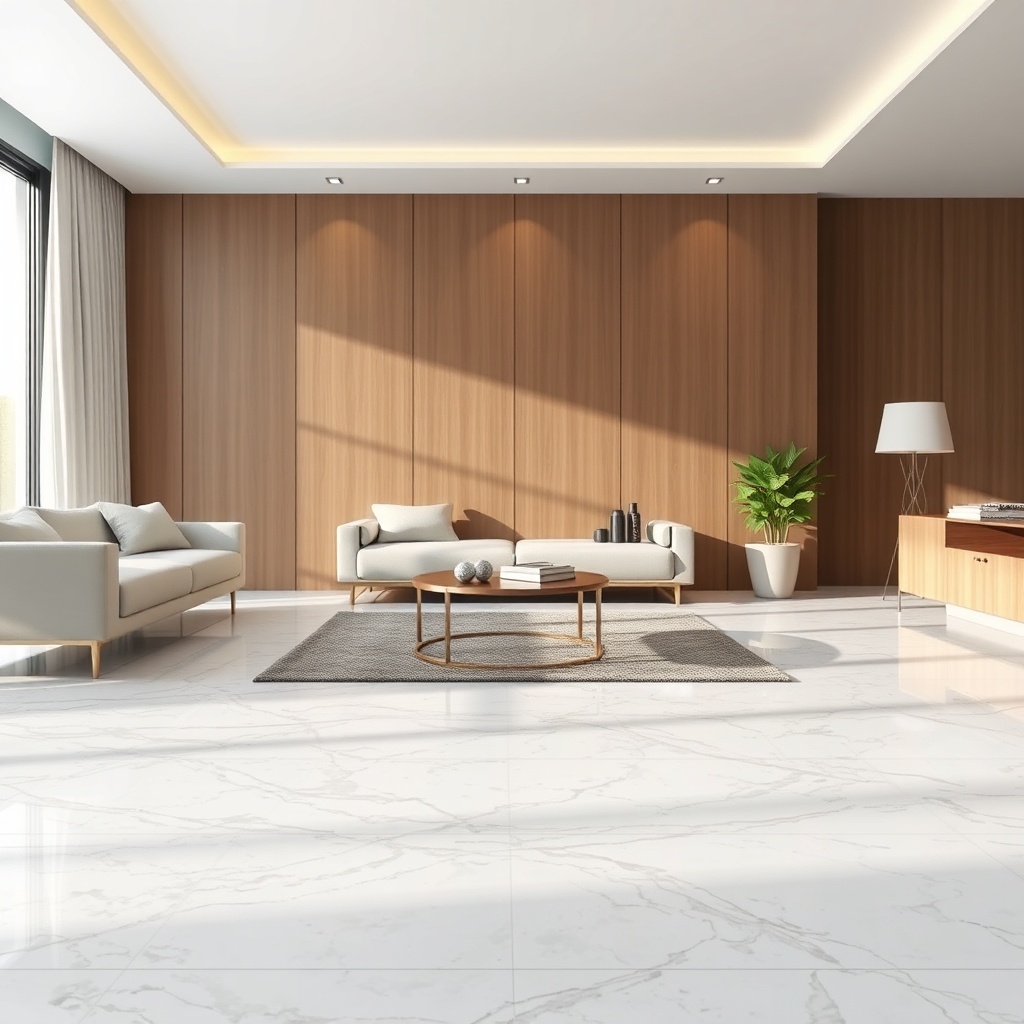 Photorealistic photo of a modern living room with Sikafloor-156 mermer görünümlü epoksi ze