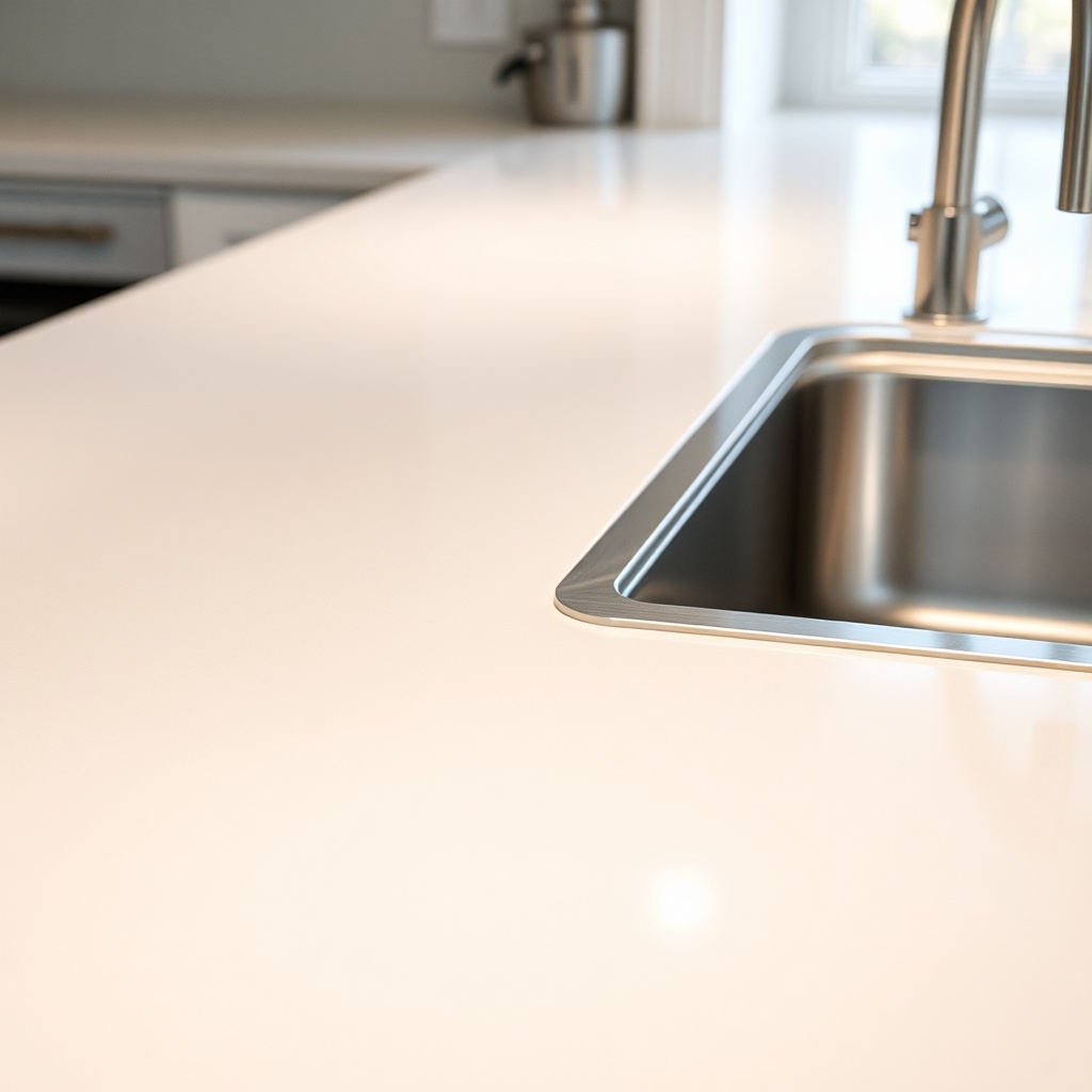 A close-up photorealistic photo of a glossy Sikafloor-156 epoxy coating on a kitchen count