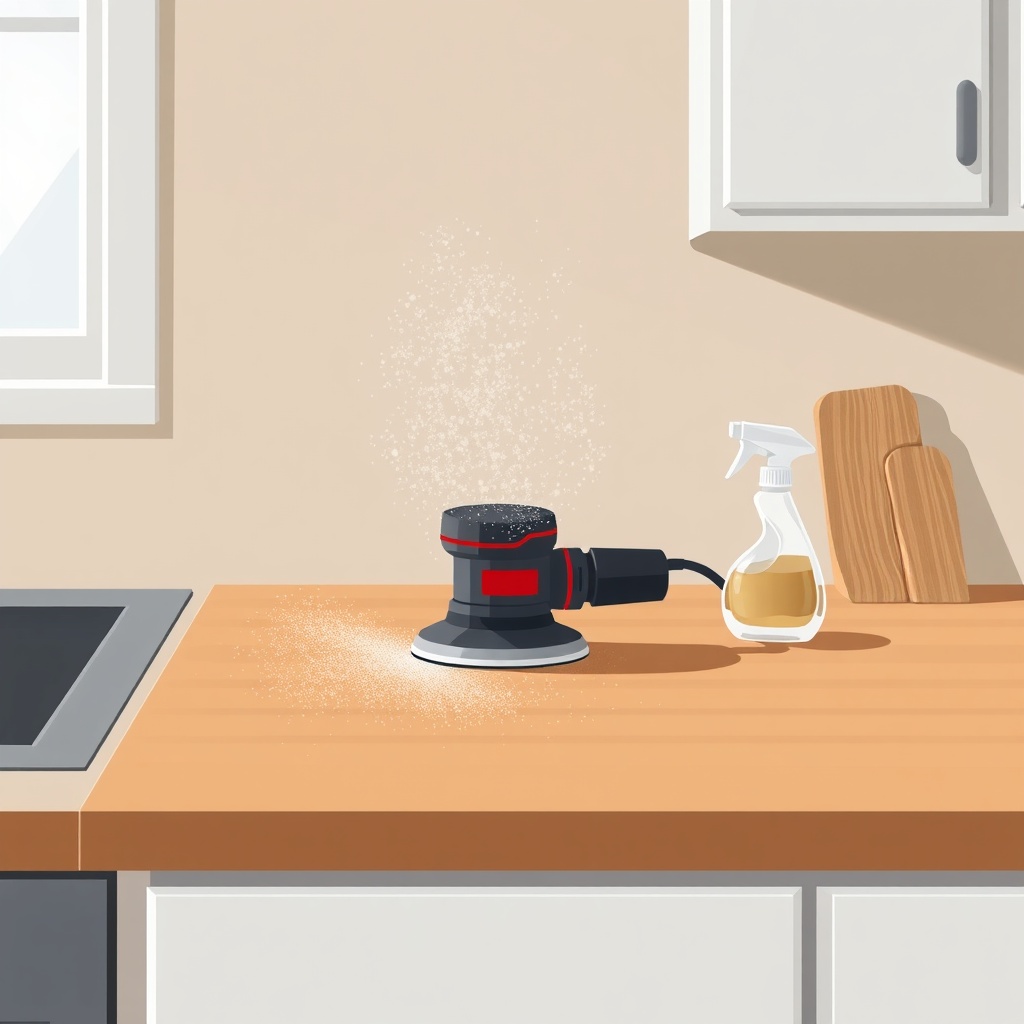 A photorealistic illustration showing a kitchen countertop being sanded with an orbital sa