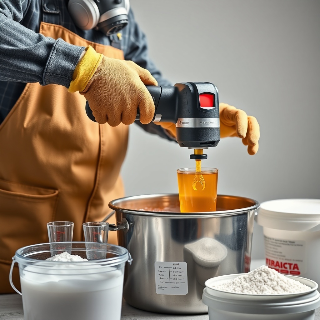 A photorealistic image of a construction worker wearing gloves and a respirator mask